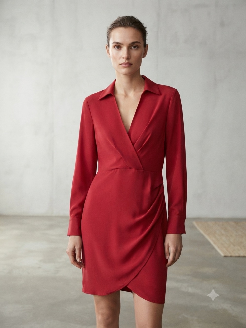 Classic Red Wrap-Front Long Sleeve Dress
